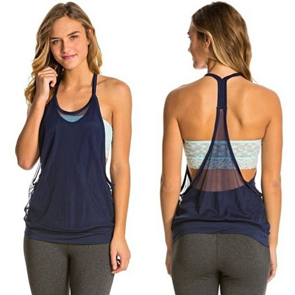 ALO Yoga Tops - ALO Yoga Iris Layered Mesh Tank in Rich Navy